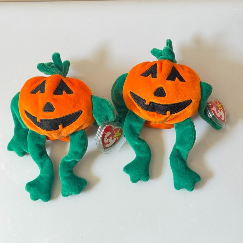 Ty Beanie Baby Pumkin (Pumpkin 1996) Halloween Jack o Lantern lot of 2 plush